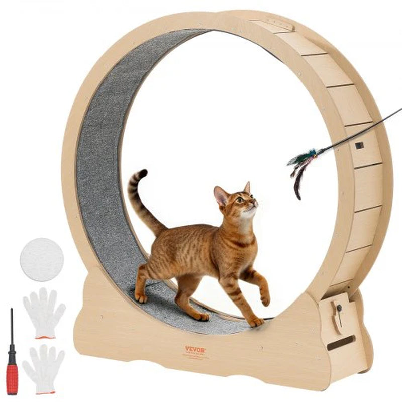 Cat Exercise Wheel, 48 in Wooden Cat Running Wheel for Indoor Cats up to 28 Lbs, Cats Treadmill with Carpeted Runway & Locking Mechanism, Quiet Roller Kitten Sport Toys for Pets Fitness & Health