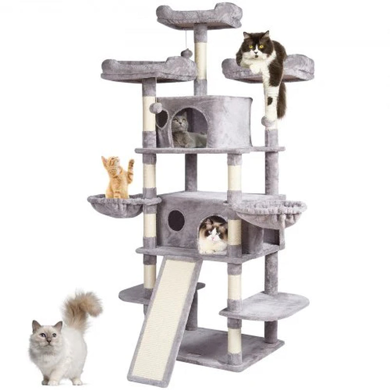 Cat Tree for Indoor Cats, 68.5' Cat Tower with 2 Cat Condos, Sisal Scratching Post, Hammocks, Top Perches, Jumping Platforms and Ramp, Cat Furniture Activity Center with Hang Balls, Light Grey