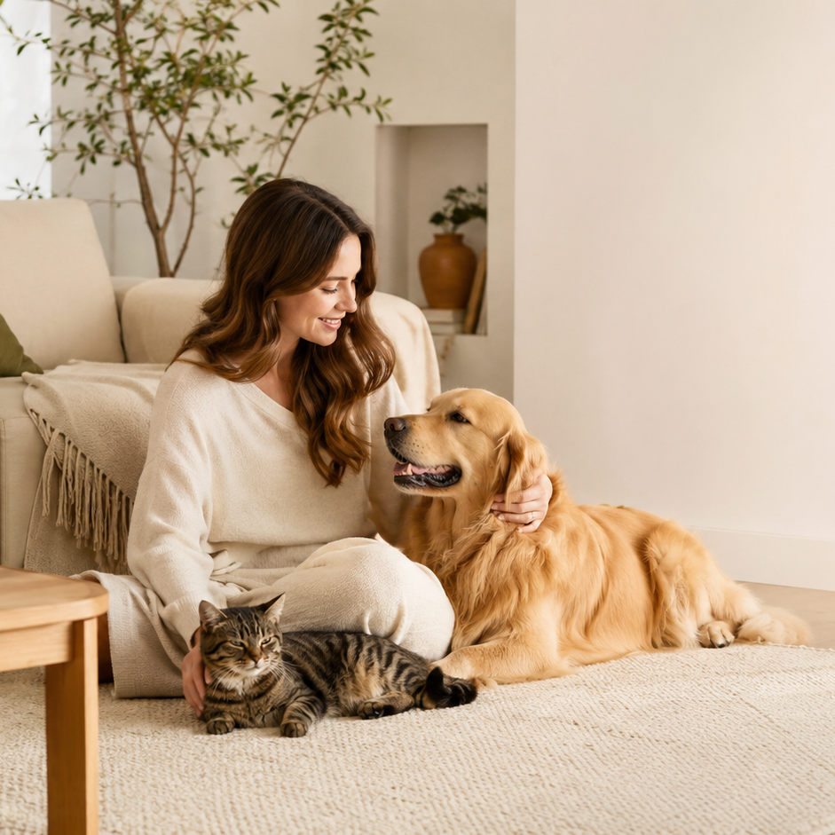 Happy dog and cat resting at home
