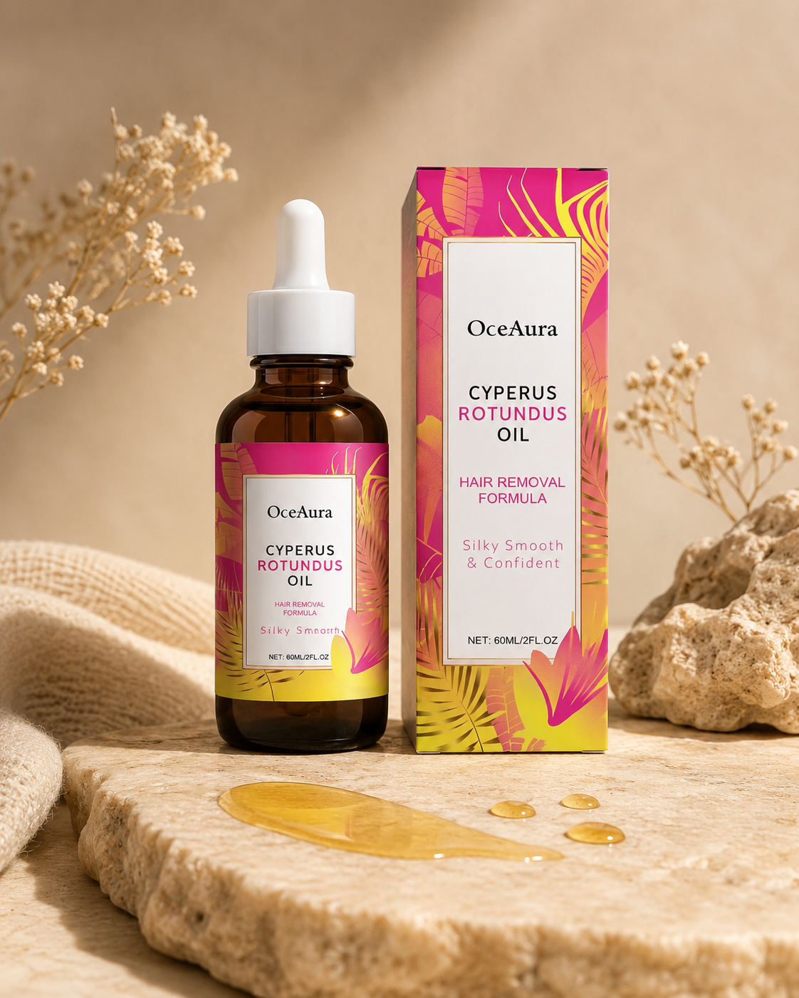 Tenzeni body oil bottle and box
