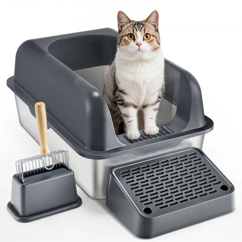 Cat Litter Box, 6 Inches Deep, XL Extra Large Stainless Steel Cat Litter Box with Scoop, Wide Filtering Foot Board & High Sides, Enclosed Odor-Free Easy-To-Clean Litter Box, Fit for Big Cats