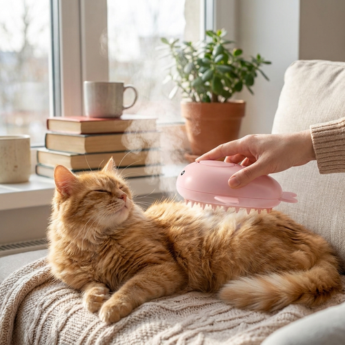 Pet steam grooming brush in use