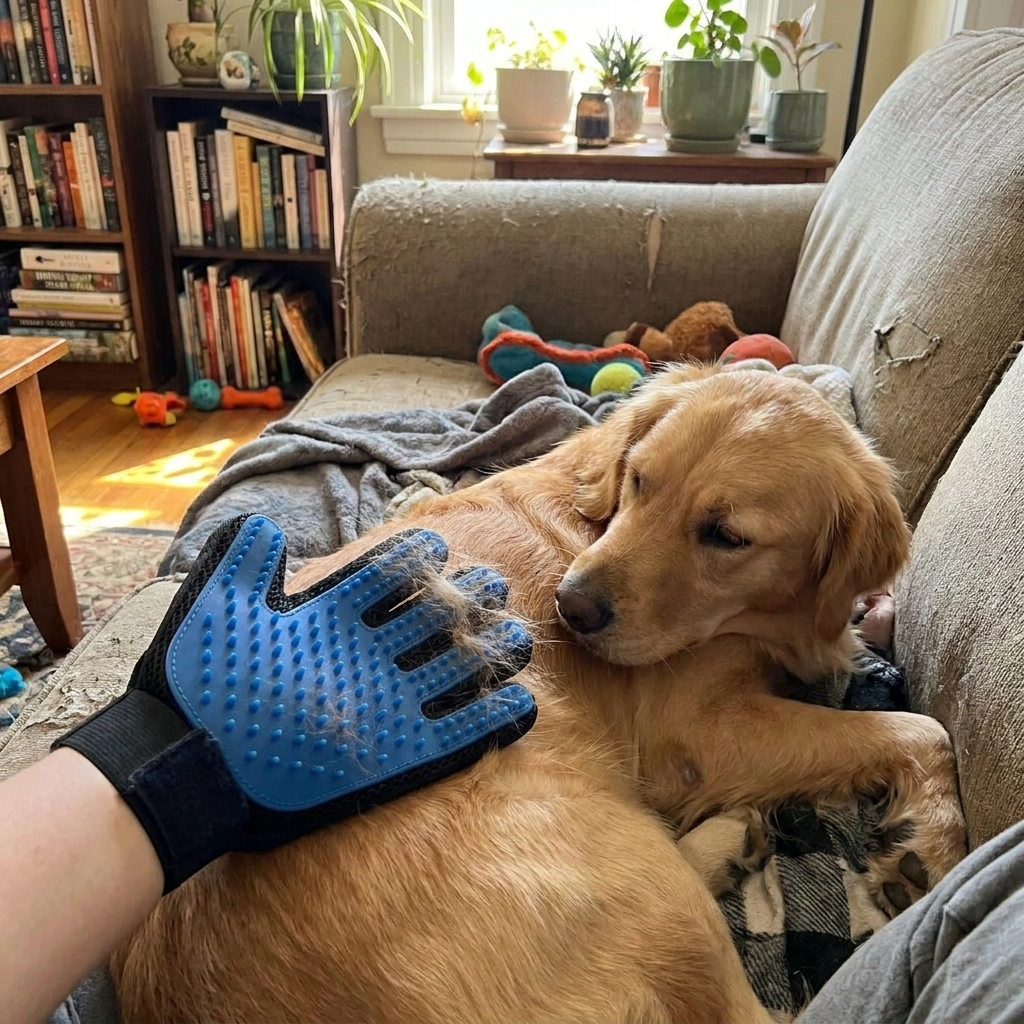 Pet grooming glove in use
