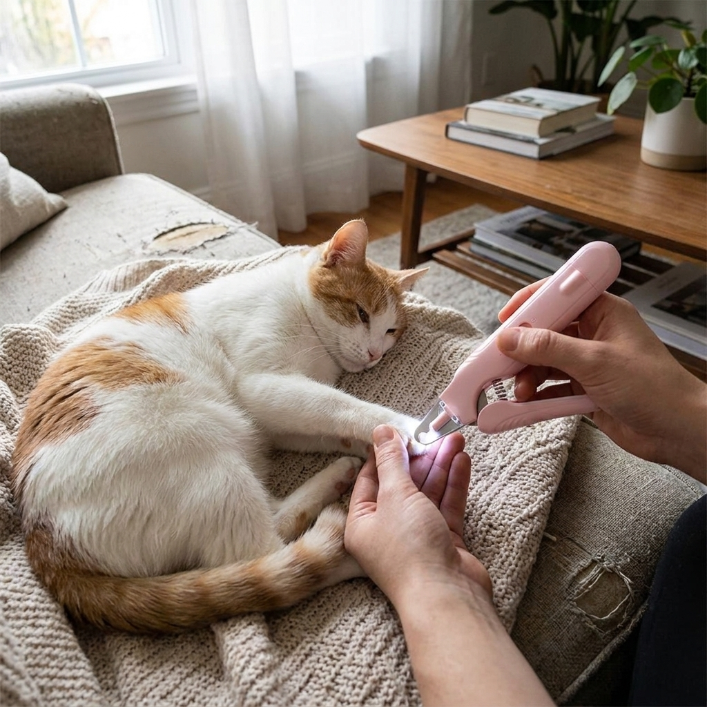 Pet nail clipper with LED in use