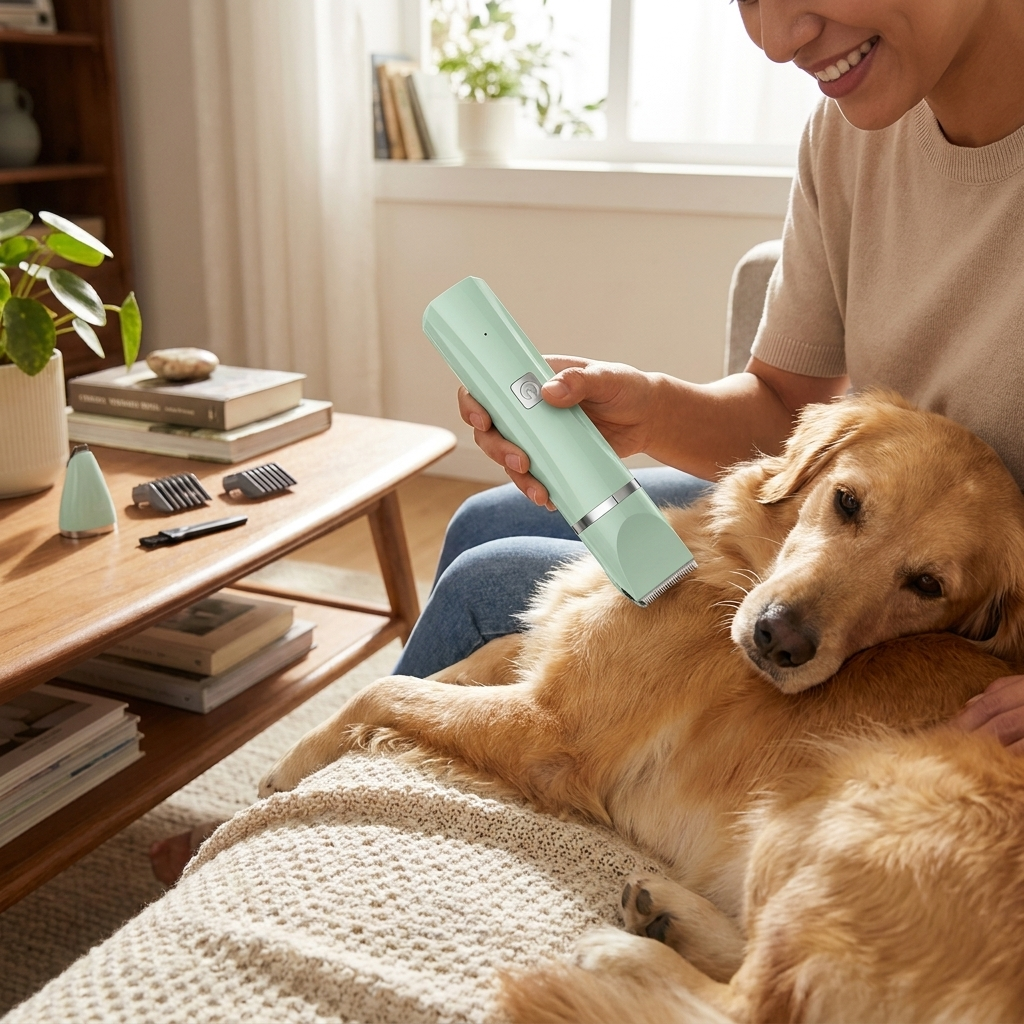 Cordless dog clippers in use