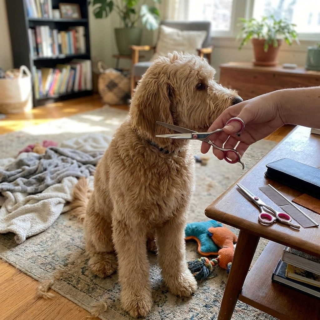 Pet grooming scissors in use