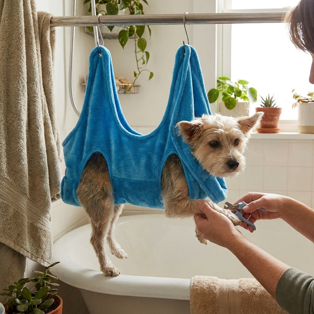 Pet grooming hammock in use