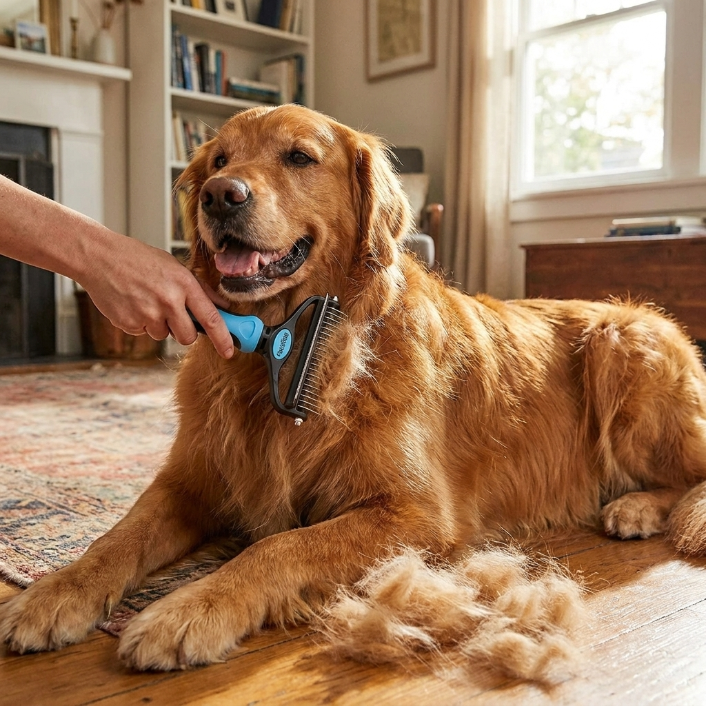 Deshedding dog brush in use