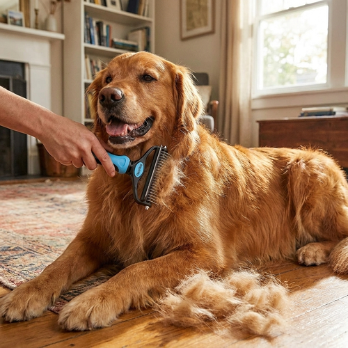 Deshedding dog brush in use