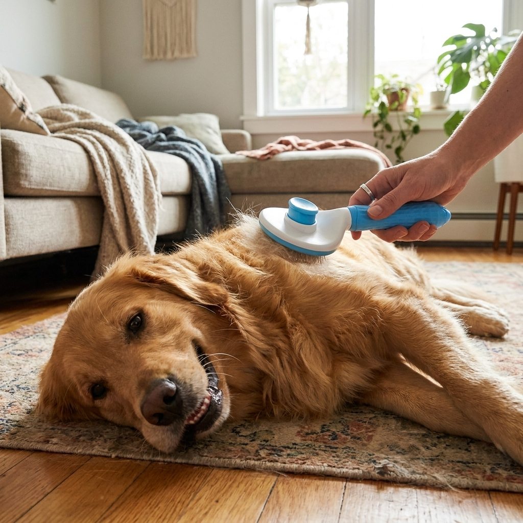 Self-cleaning slicker brush in use
