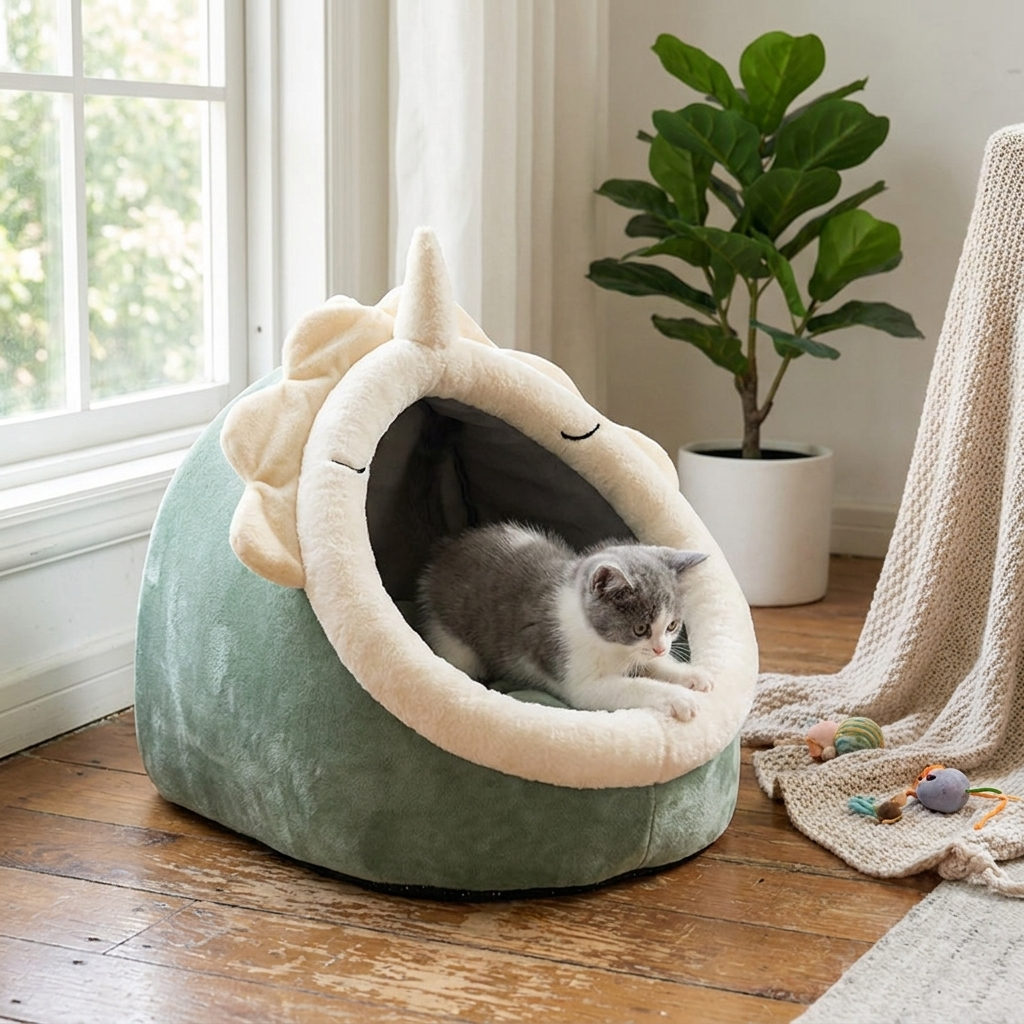 Cat in a cozy cave bed