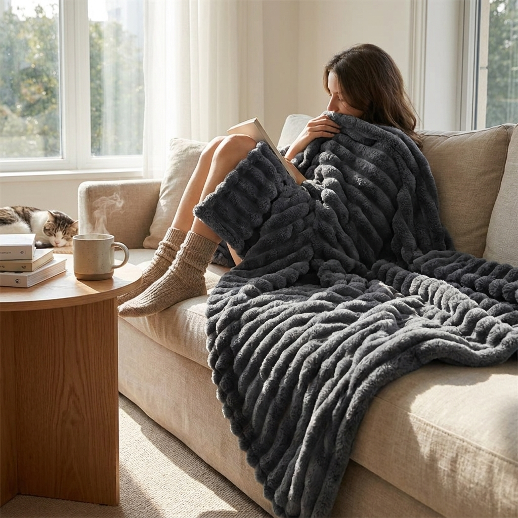 Striped multifunctional blanket on a bed