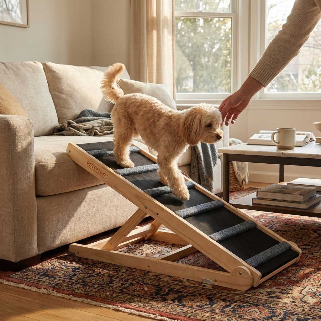 Folding dog ramp by a bed
