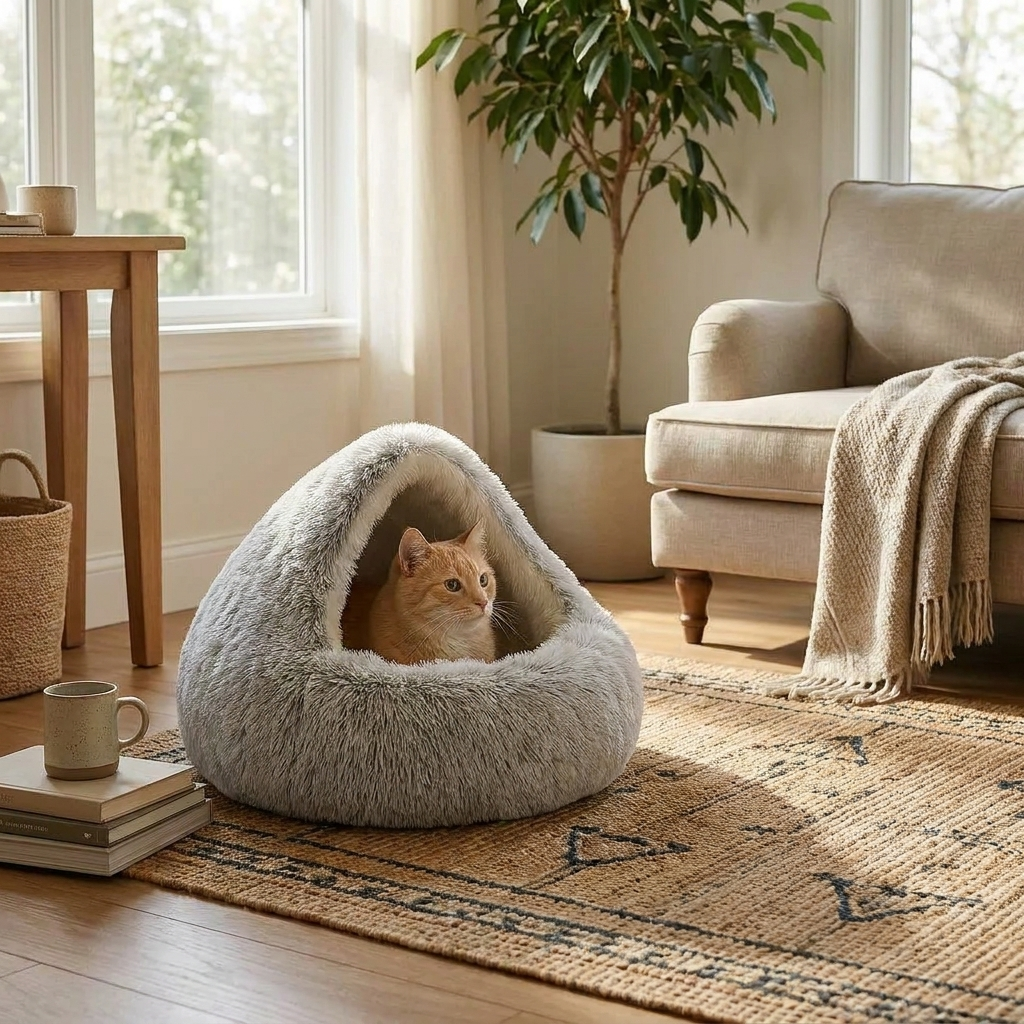 Orthopedic pet cave bed in a home