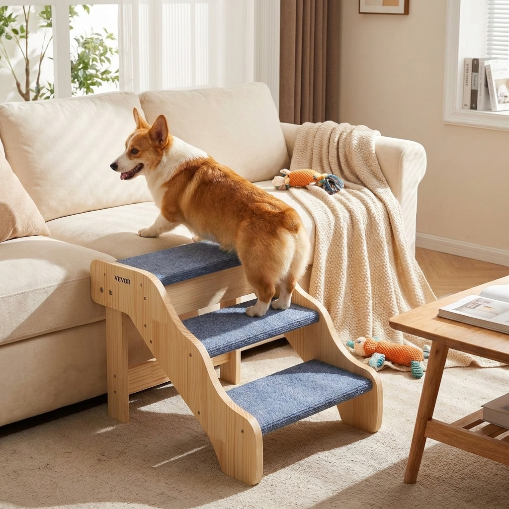 Wood pet stairs beside a bed