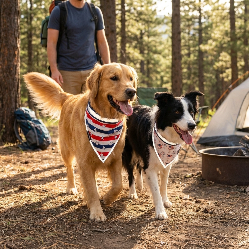 Reflective dog bandana worn on a walk
