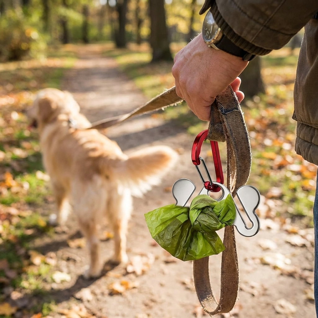 Dog poop bag holder clipped to leash