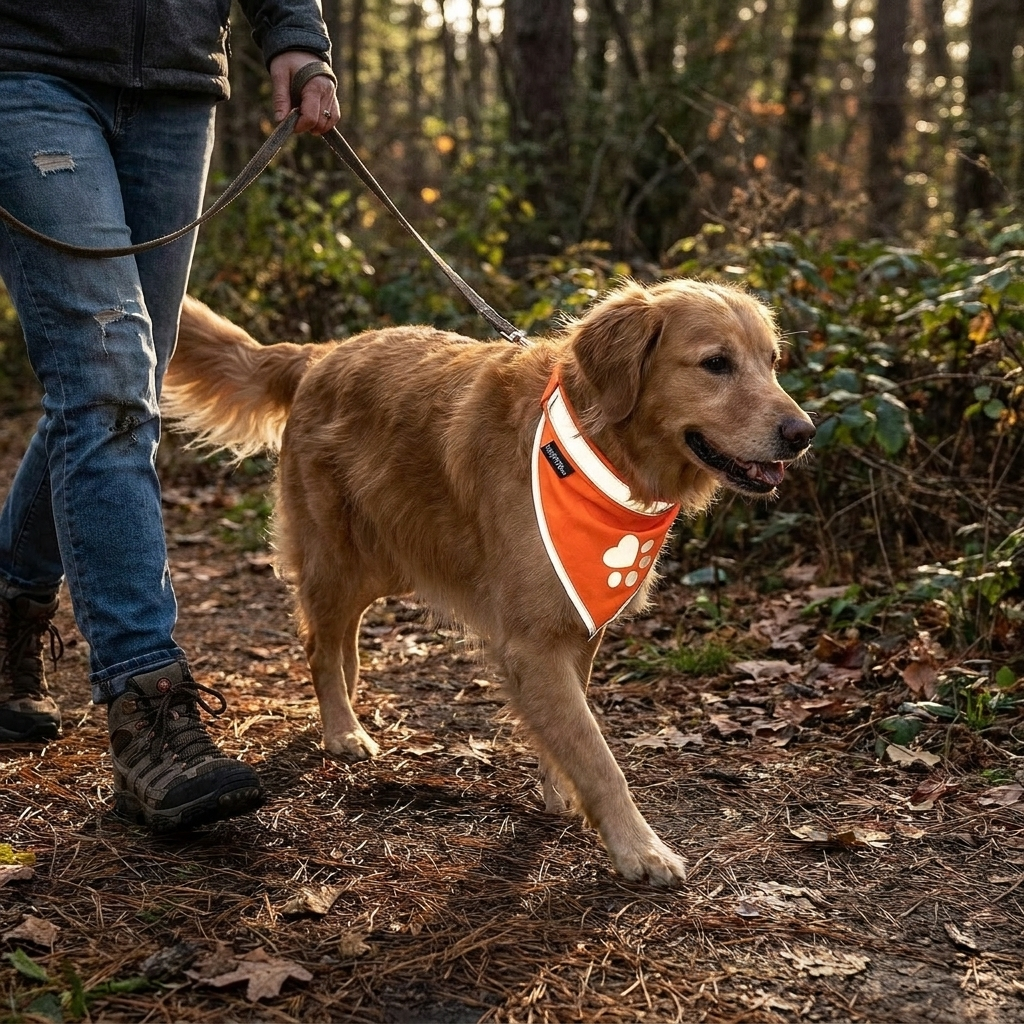 Orange reflective dog bandana on a walk