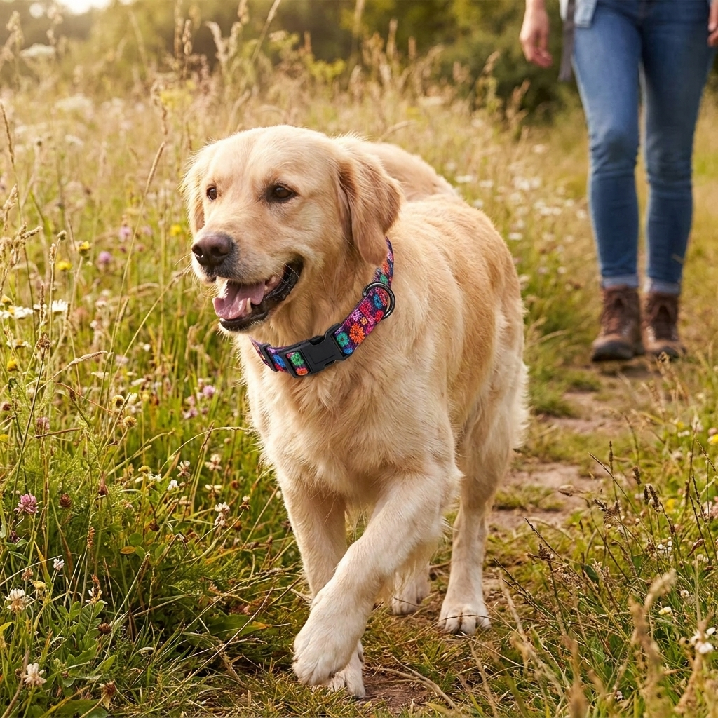 Daisy pattern dog collar worn outdoors