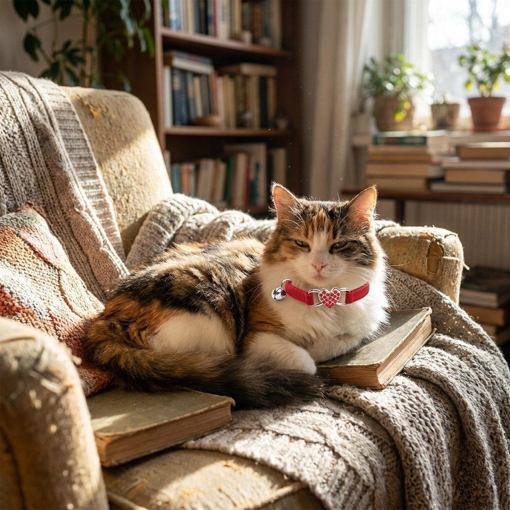 Velvet cat collar with heart charm at home