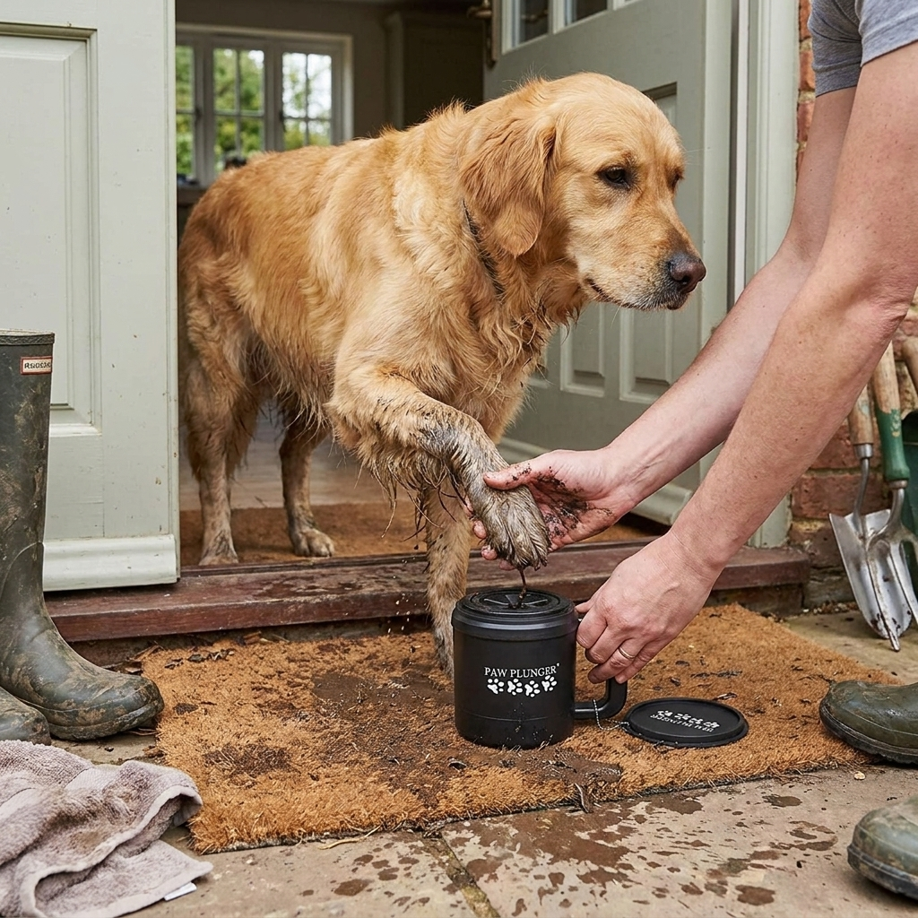 Paw plunger cleaning a muddy dog paw