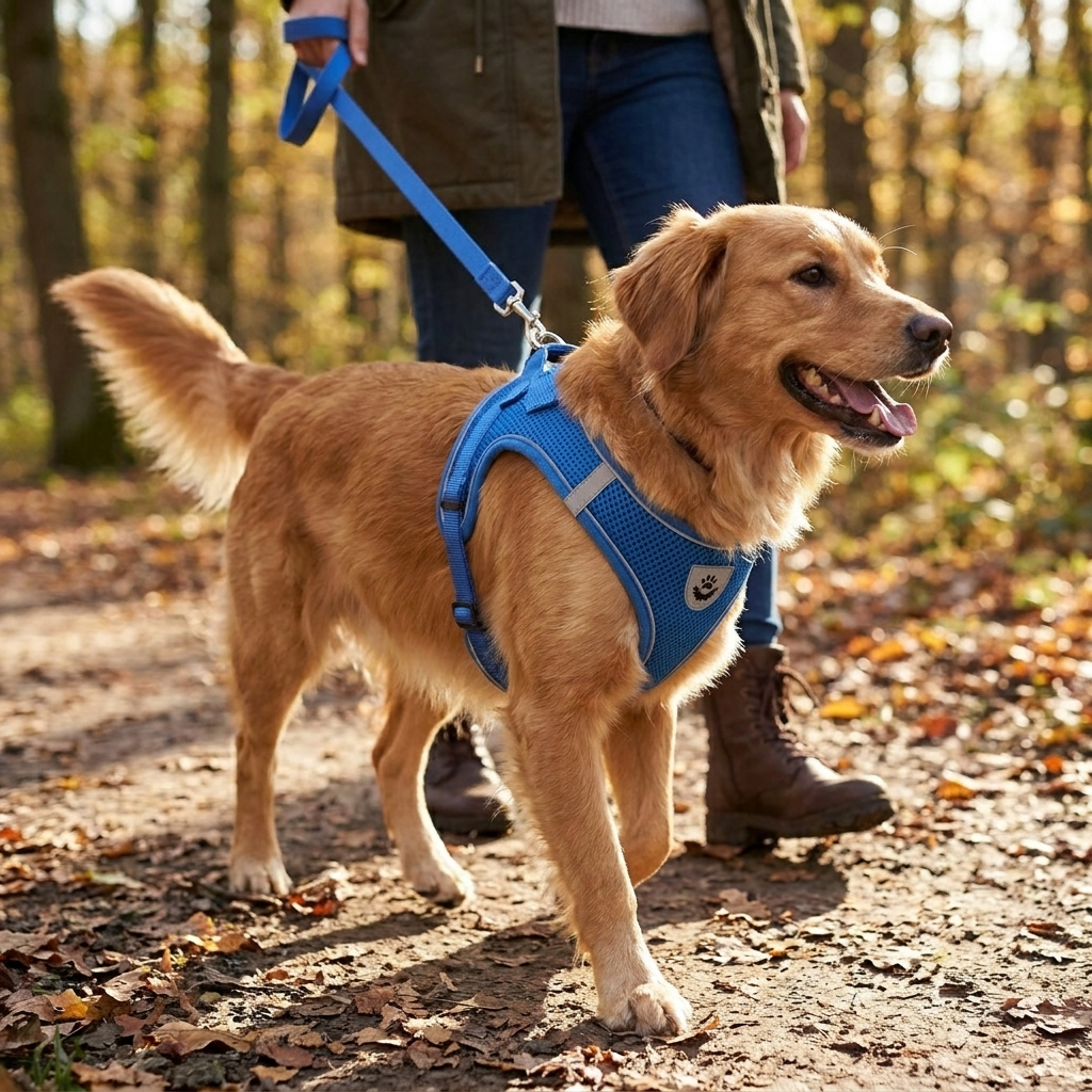 Reflective dog harness vest worn on a walk