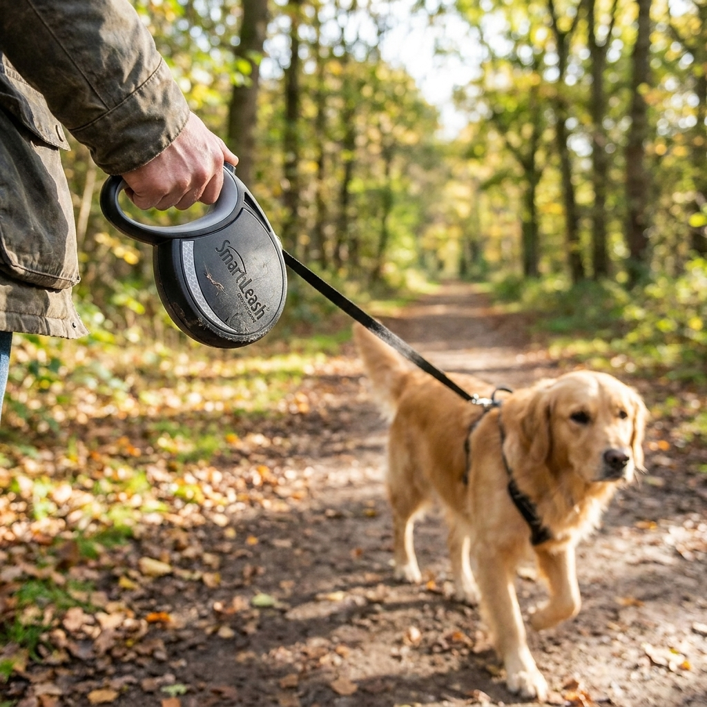 Smart retractable dog leash held on a walk