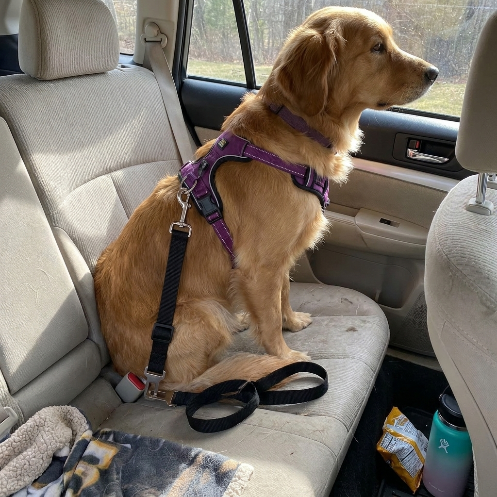 Pet car seatbelt clipped to a dog in a car