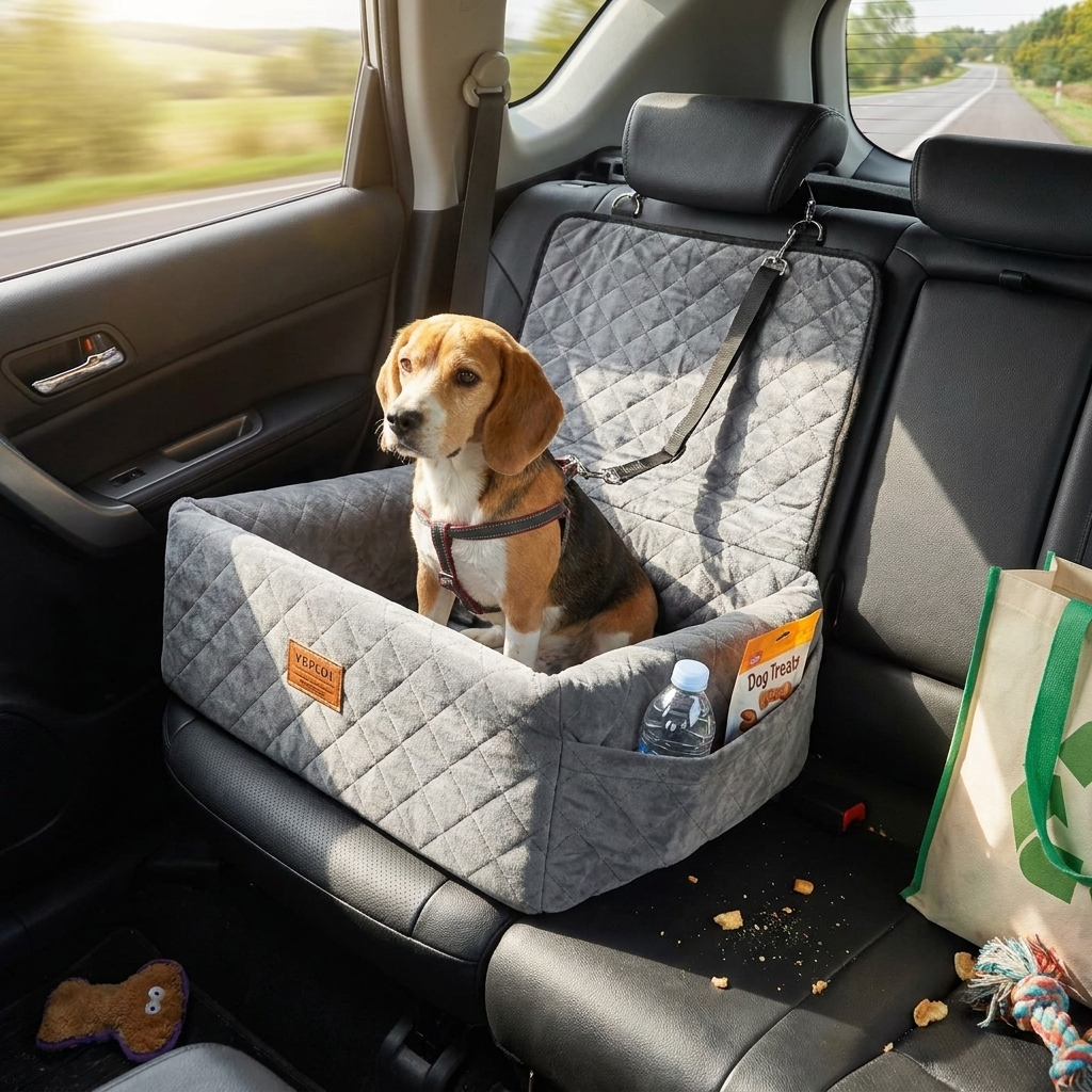 Gray dog booster car seat with a dog in it