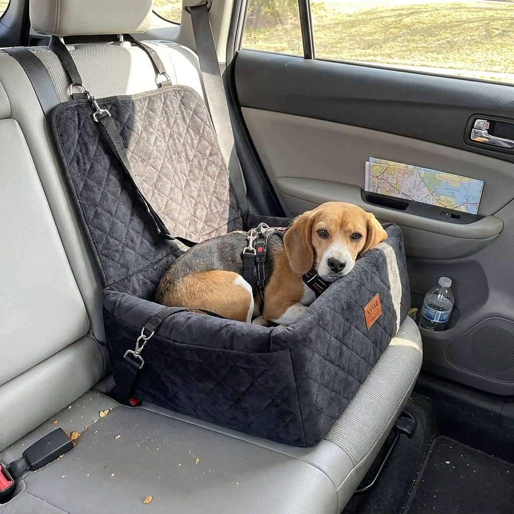 Black dog booster car seat with a dog in it