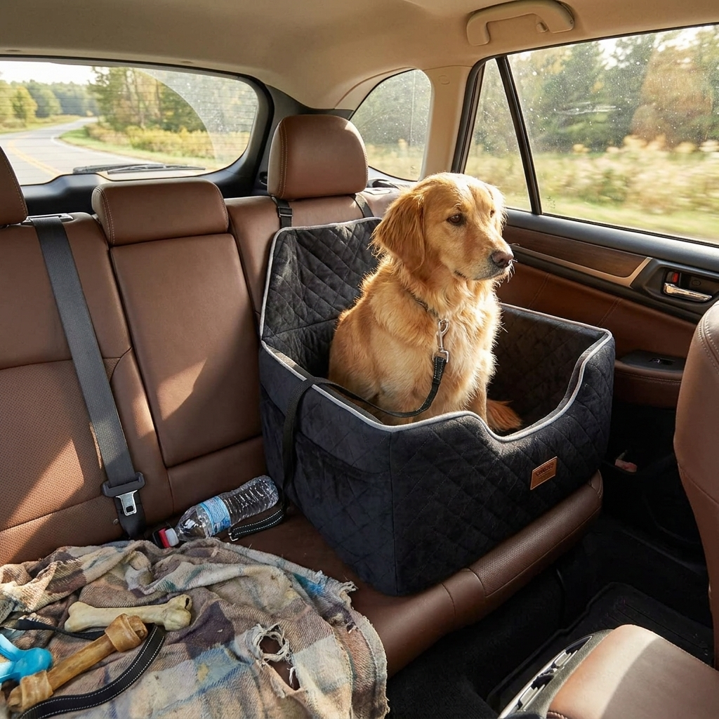 Black dog booster car seat for larger dog