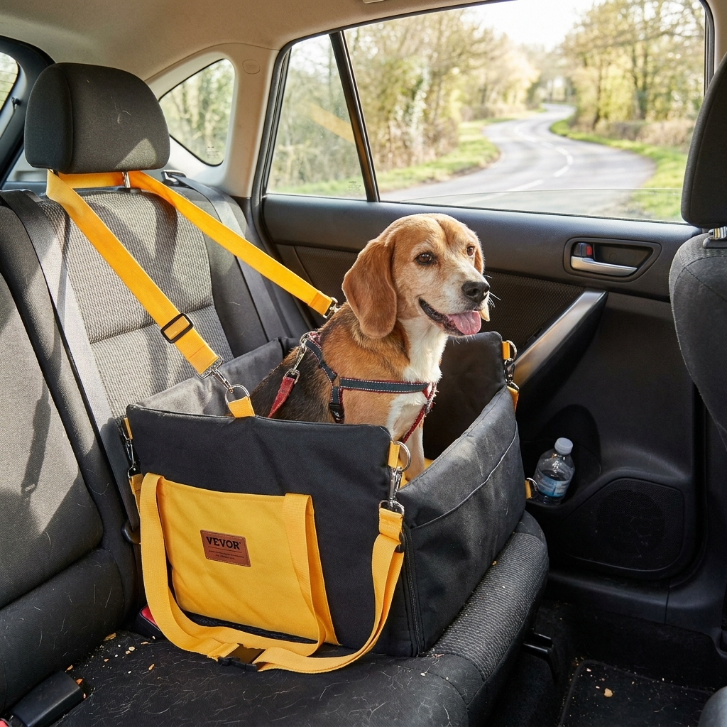 Dog booster car seat with a small dog inside