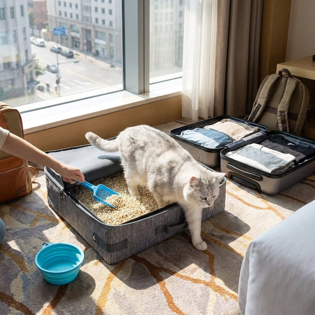 Portable Cat Travel Litter Box in use