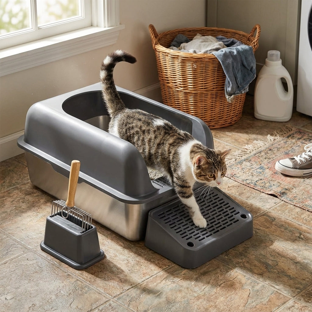 Stainless Steel XL Litter Box in use